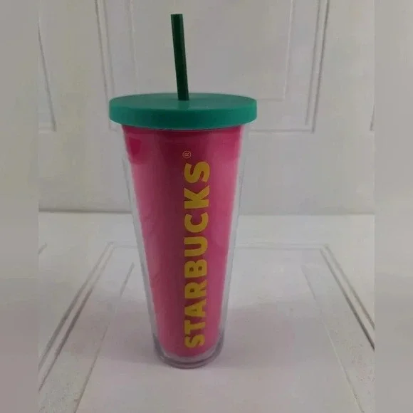 Starbucks 2014 Pink and Green top and Straw with Yellow Starbucks Letters 24 Oz. - Picture 6 of 8
